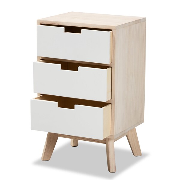 Baxton Studio Halian Mid-Century Two-Tone White and Light Brown Finished Wood 3-Drawer Nightstand - 200-12252-ZORO
