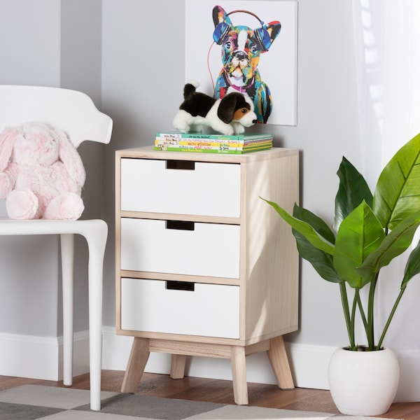 Baxton Studio Halian Mid-Century Two-Tone White and Light Brown Finished Wood 3-Drawer Nightstand - 200-12252-ZORO