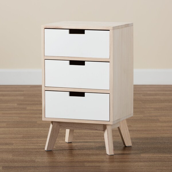 Baxton Studio Halian Mid-Century Two-Tone White and Light Brown Finished Wood 3-Drawer Nightstand - 200-12252-ZORO