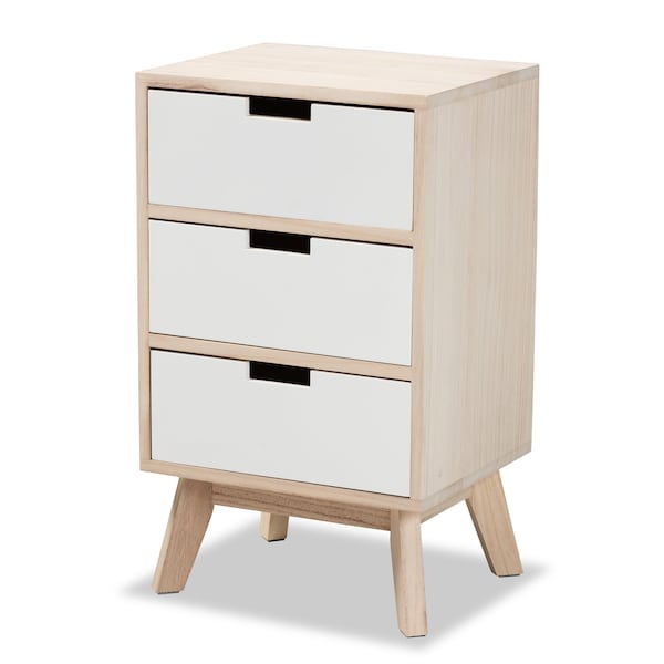 Baxton Studio Halian Mid-Century Two-Tone White and Light Brown Finished Wood 3-Drawer Nightstand - 200-12252-ZORO