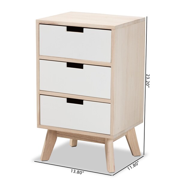 Baxton Studio Halian Mid-Century Two-Tone White and Light Brown Finished Wood 3-Drawer Nightstand - 200-12252-ZORO