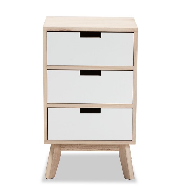 Baxton Studio Halian Mid-Century Two-Tone White and Light Brown Finished Wood 3-Drawer Nightstand - 200-12252-ZORO