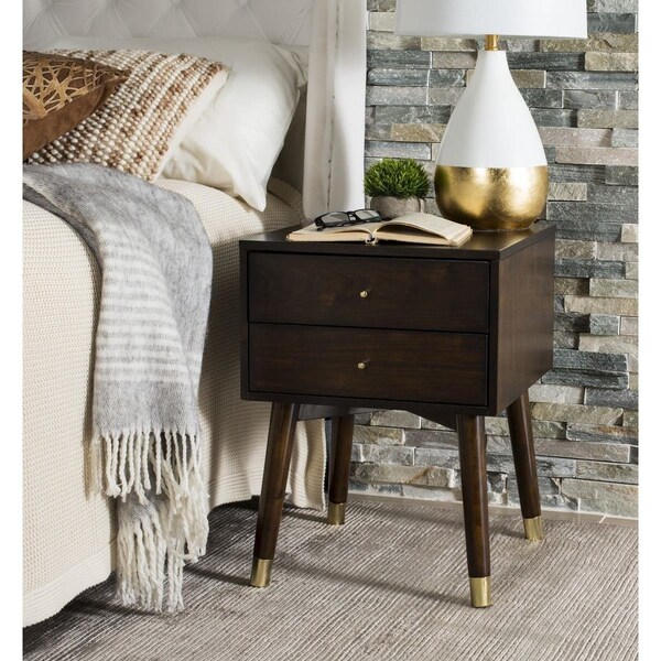 Safavieh Lyla Mid Century Retro Silver Cap Night Stand, Walnut & Gold - FOX6234E