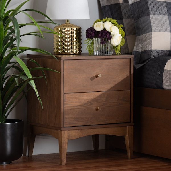 Baxton Studio Landis Mid-Century Ash Walnut Finished Wood 2-Drawer Nightstand - 193-11301-ZORO