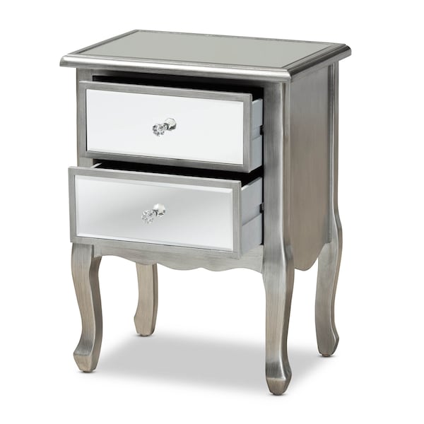 Baxton Studio Leonie Silver Finished Wood and Mirrored Glass 2-Drawer Nightstand - 162-10266