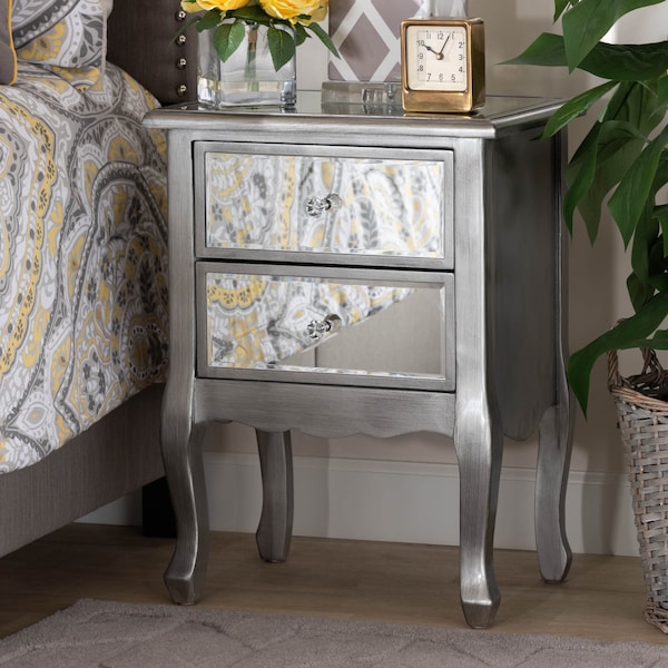 Baxton Studio Leonie Silver Finished Wood and Mirrored Glass 2-Drawer Nightstand - 162-10266