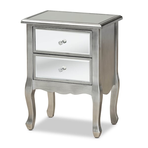 Baxton Studio Leonie Silver Finished Wood and Mirrored Glass 2-Drawer Nightstand - 162-10266
