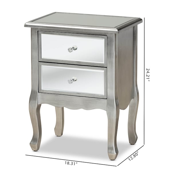 Baxton Studio Leonie Silver Finished Wood and Mirrored Glass 2-Drawer Nightstand - 162-10266