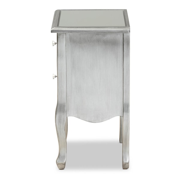 Baxton Studio Leonie Silver Finished Wood and Mirrored Glass 2-Drawer Nightstand - 162-10266