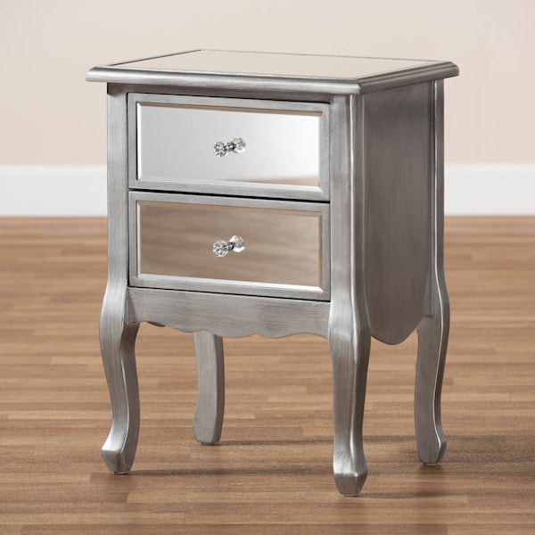 Baxton Studio Leonie Silver Finished Wood and Mirrored Glass 2-Drawer Nightstand - 162-10266