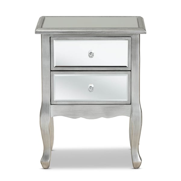 Baxton Studio Leonie Silver Finished Wood and Mirrored Glass 2-Drawer Nightstand - 162-10266