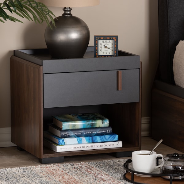 Baxton Studio Rikke Two-Tone Gray and Walnut Finished Wood 1-Drawer Nightstand - 152-9147