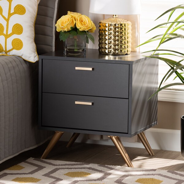 Baxton Studio Kelson Modern and Contemporary Dark Grey and Gold Finished Wood 2-Drawer Nightstand - 189-11578-ZORO