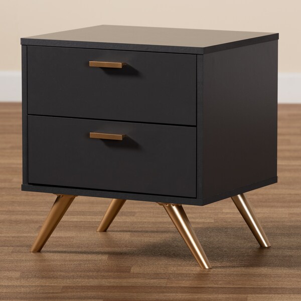 Baxton Studio Kelson Modern and Contemporary Dark Grey and Gold Finished Wood 2-Drawer Nightstand - 189-11578-ZORO