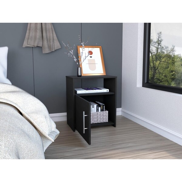 Tuhome Nordico Nightstand, One Shelf, Single Door Cabinet, Metal Handle, Black - MLW6464