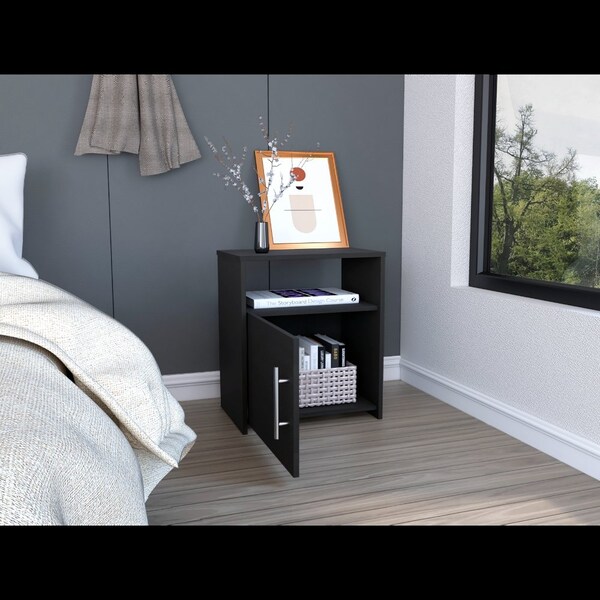 Tuhome Nordico Nightstand, One Shelf, Single Door Cabinet, Metal Handle, Black - MLW6464