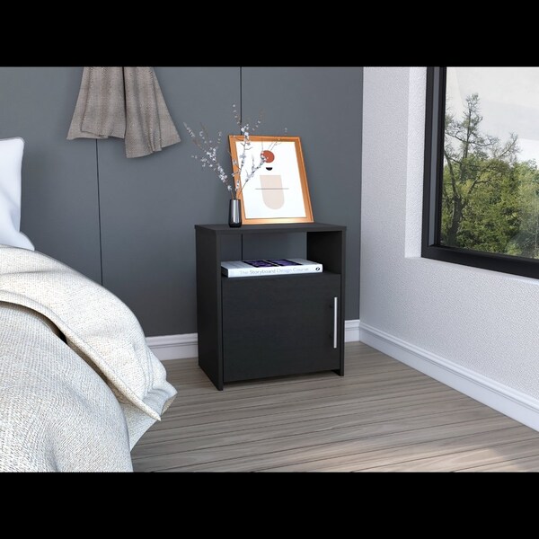 Tuhome Nordico Nightstand, One Shelf, Single Door Cabinet, Metal Handle, Black - MLW6464