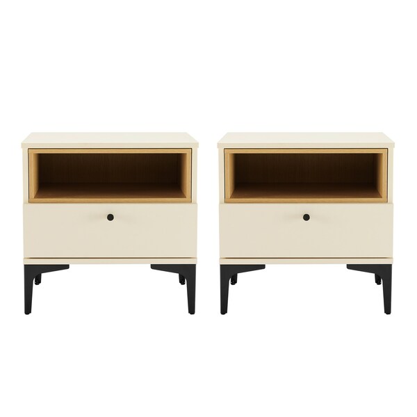 Manhattan Comfort Amara Nightstand in Cream and Natural Oak- Set of 2 - 2-NS006-CR