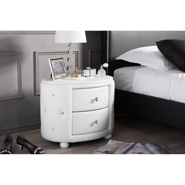 Baxton Studio Davina Hollywood 2-drawer White Faux Leather Upholstered Nightstand - 122-6755