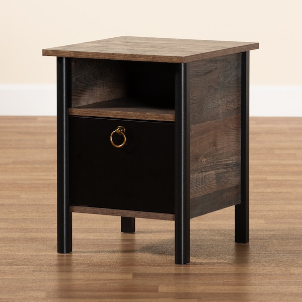 Baxton Studio Vaughan Modern and Contemporary Two-Tone Rustic Brown and Black Finished Wood Nightstand - 180-11081-ZORO