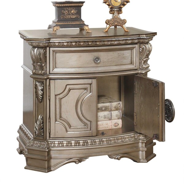 Homeroots 18 x 30 x 29 in. Antique Champagne Wood Poly Resin Nightstand with Wooden Top - 347126