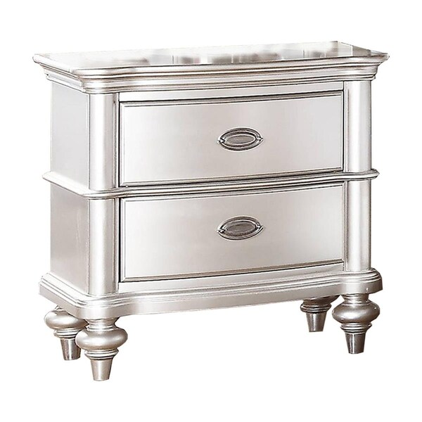 Benjara 28 x 28 x 17 in. 2 Drawer Wooden Nightstand with Turned Legs, Silver - BM232110