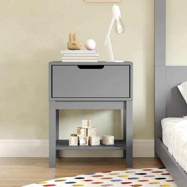 Flash Furniture Dallas Wooden Night Stand, Bedroom Side Table with Storage Drawer and Shelf for Kids in Gray - MG-9007-1-NS-GY-GG