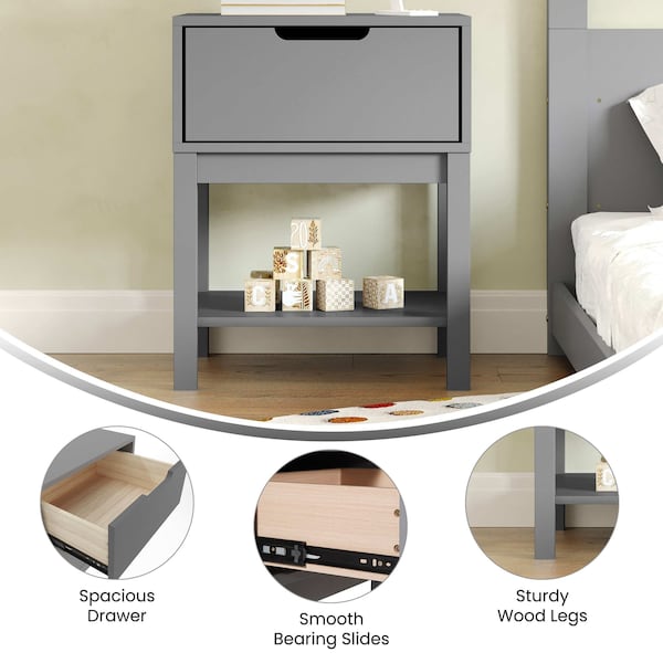 Flash Furniture Dallas Wooden Night Stand, Bedroom Side Table with Storage Drawer and Shelf for Kids in Gray - MG-9007-1-NS-GY-GG
