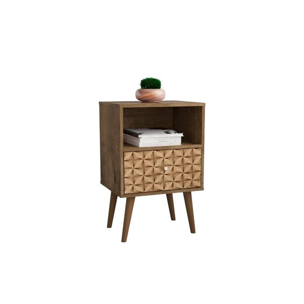 Designed To Furnish Liberty Mid-Century-Modern Nightstand 1.0 w/1 Cubby Space & 1 Drawer, Rustic Brwn & 3D Brown Prints - DE2616401