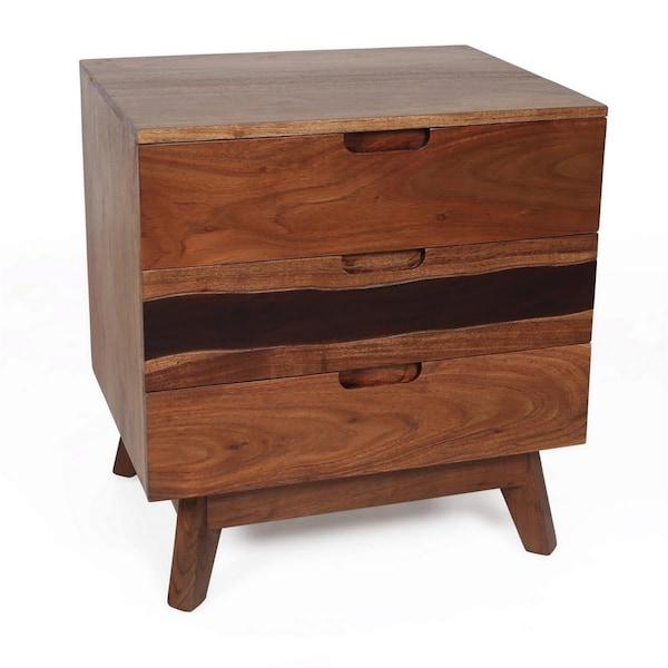 Benjara 23 in. Live Edge Acacia Wood 3 Drawers Nightstand Side Table, Brown - BM285393