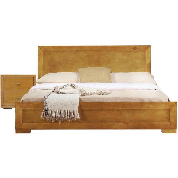 Homeroots Moma Wood Platform Bed with Nightstand, Oak - Full Size - 468270