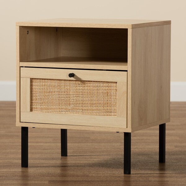 Baxton Studio Caterina MidCentury Transitional Natural Brown Finished Wood and Natural Rattan 1Door Nightstand - 220-12861-ZORO