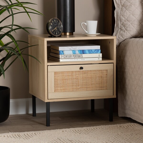 Baxton Studio Caterina MidCentury Transitional Natural Brown Finished Wood and Natural Rattan 1Door Nightstand - 220-12861-ZORO