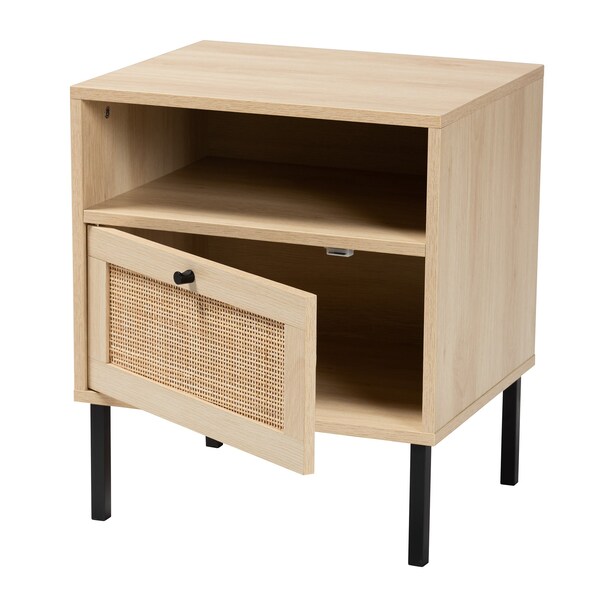 Baxton Studio Caterina MidCentury Transitional Natural Brown Finished Wood and Natural Rattan 1Door Nightstand - 220-12861-ZORO