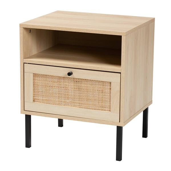 Baxton Studio Caterina MidCentury Transitional Natural Brown Finished Wood and Natural Rattan 1Door Nightstand - 220-12861-ZORO