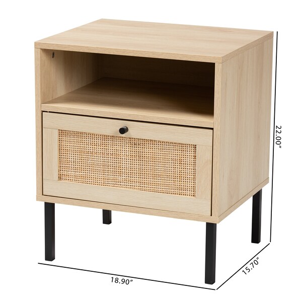 Baxton Studio Caterina MidCentury Transitional Natural Brown Finished Wood and Natural Rattan 1Door Nightstand - 220-12861-ZORO