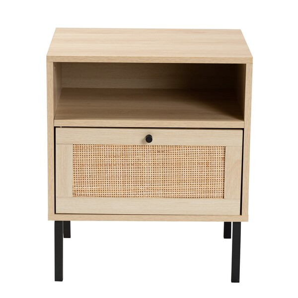 Baxton Studio Caterina MidCentury Transitional Natural Brown Finished Wood and Natural Rattan 1Door Nightstand - 220-12861-ZORO