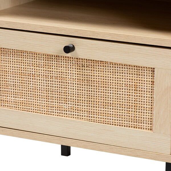 Baxton Studio Caterina MidCentury Transitional Natural Brown Finished Wood and Natural Rattan 1Door Nightstand - 220-12861-ZORO