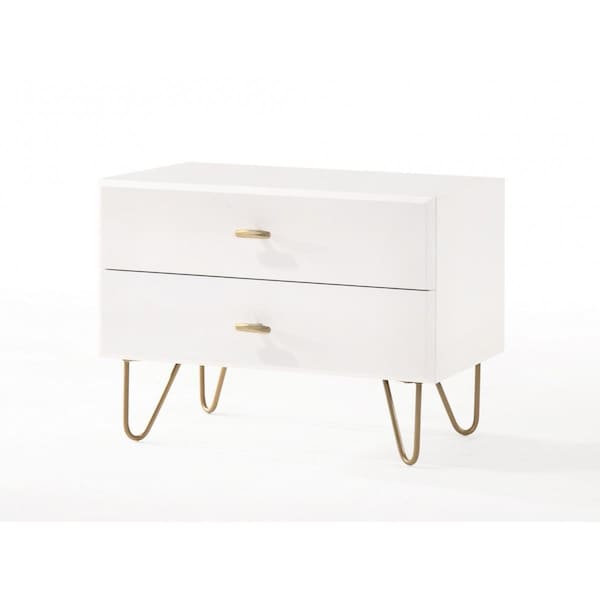 Homeroots Contemporary White & Gold Nightstand with Two Drawers - 473021