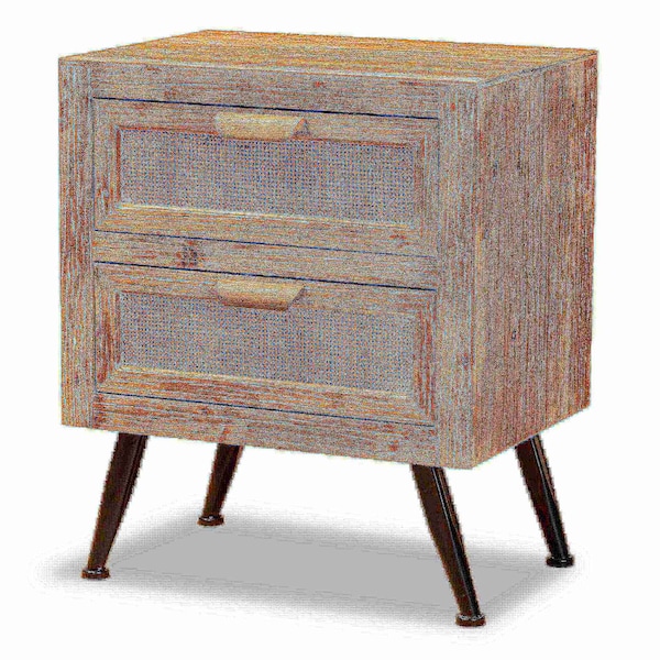 Baxton Studio Calida Mid-Century Modern Whitewashed Natural Brown Finished Wood and Rattan 2-Drawer Nightstand - 178-11412-ZORO