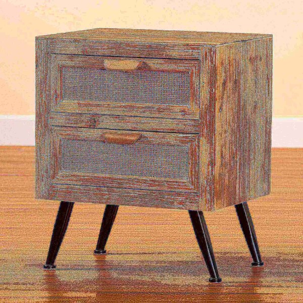 Baxton Studio Calida Mid-Century Modern Whitewashed Natural Brown Finished Wood and Rattan 2-Drawer Nightstand - 178-11412-ZORO