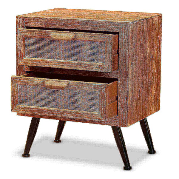 Baxton Studio Calida Mid-Century Modern Whitewashed Natural Brown Finished Wood and Rattan 2-Drawer Nightstand - 178-11412-ZORO