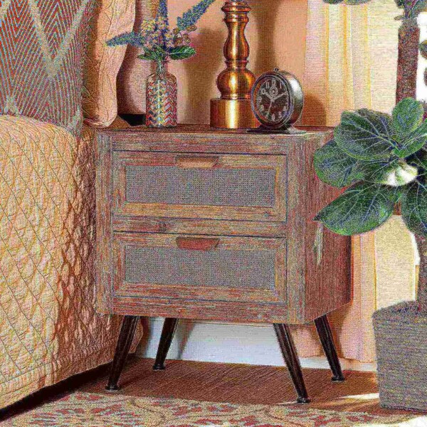 Baxton Studio Calida Mid-Century Modern Whitewashed Natural Brown Finished Wood and Rattan 2-Drawer Nightstand - 178-11412-ZORO