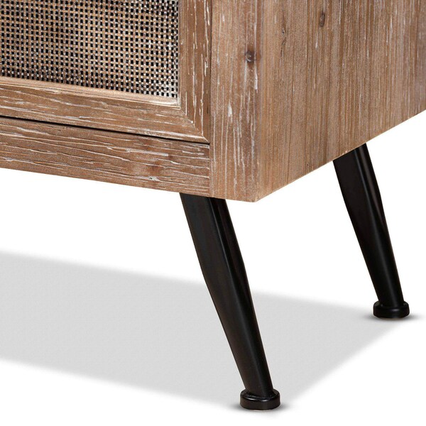 Baxton Studio Calida Mid-Century Modern Whitewashed Natural Brown Finished Wood and Rattan 2-Drawer Nightstand - 178-11412-ZORO