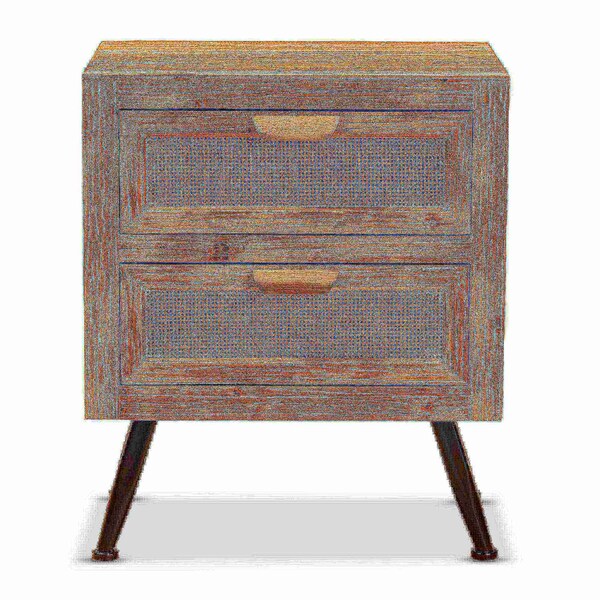 Baxton Studio Calida Mid-Century Modern Whitewashed Natural Brown Finished Wood and Rattan 2-Drawer Nightstand - 178-11412-ZORO