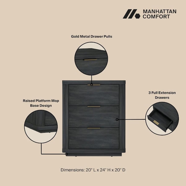 Manhattan Comfort Evelyn Nightstand in Charcoal Grey - Set of 2 - 2-NS013-CH