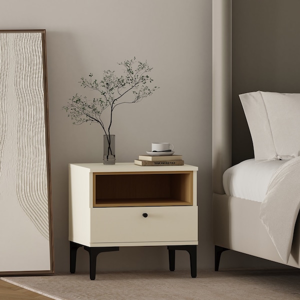 Manhattan Comfort Amara Nightstand in Cream and Natural Oak - NS006-CR