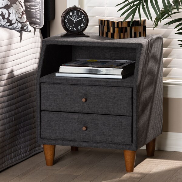 Baxton Studio Claverie Charcoal Upholstered 2-Drawer Wood Nightstand - 155-9109