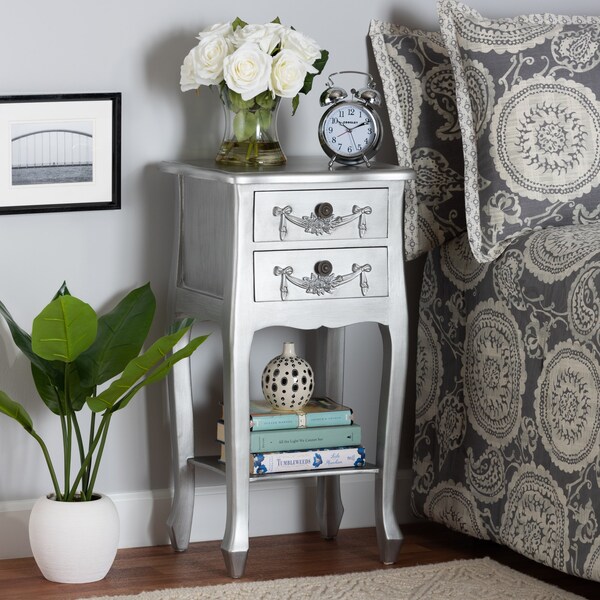 Baxton Studio Eliya Classic and Traditional Brushed Silver Finished Wood 2Drawer Nightstand - 212-11936-ZORO