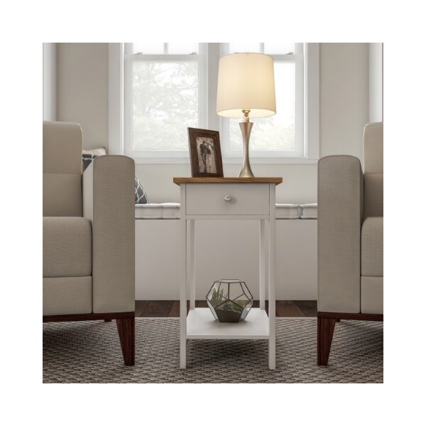 Hastings Home Side Table with Drawer Narrow End and Storage Shelf, 2 Toned Wood Stand for Bedroom (White and Oak) - 929821XLH